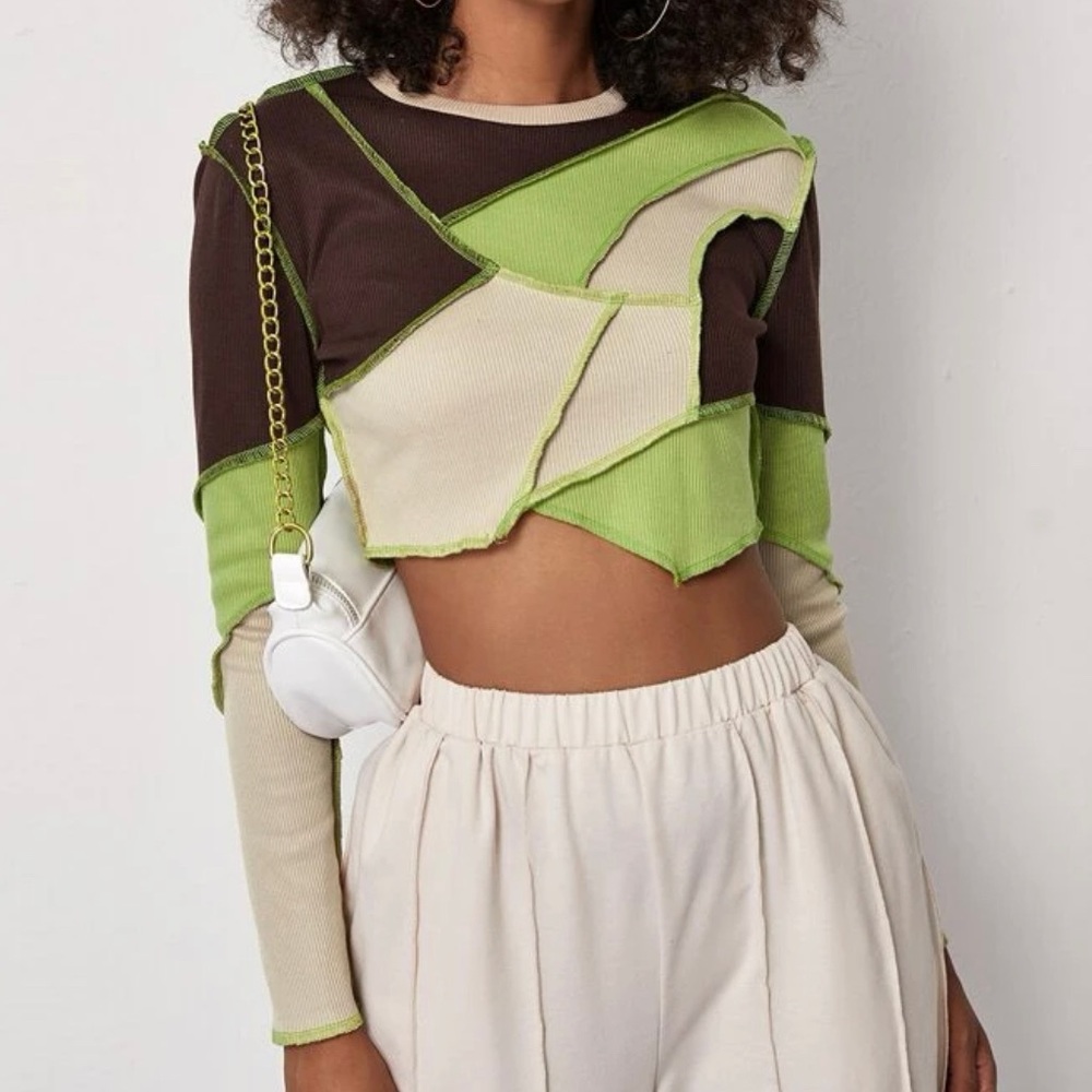 Shein, Multicolored, Long Sleeve, Crop Top